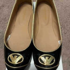 Emporio Armani ladies ballet Patton leather shoes size 6 in black and gold